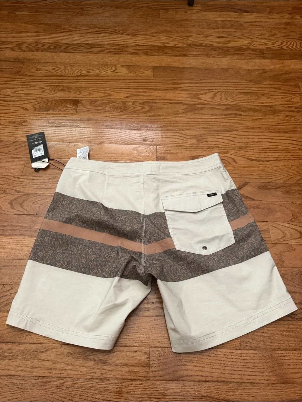RVCA Men’s Cream Swim Shorts with Brown Stripe Accents